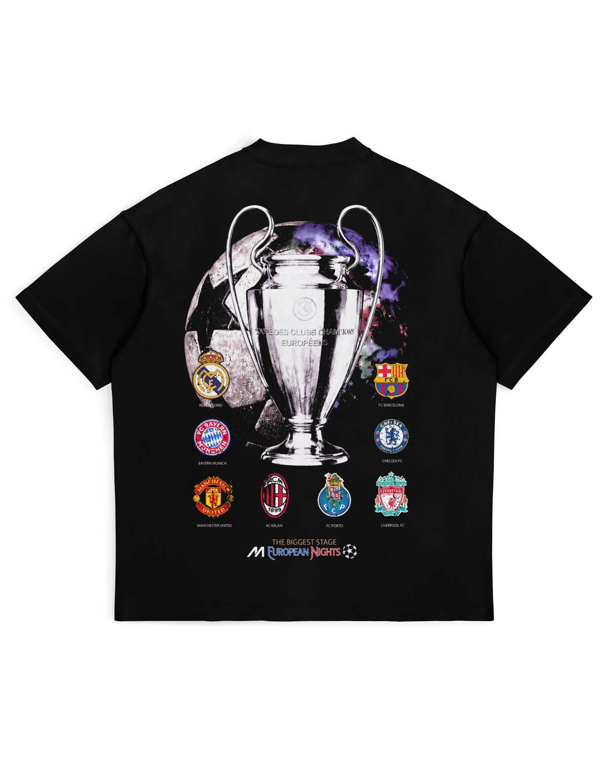 Back of black UCL Royalty T-shirt with trophy graphic by MADEBYFUTBOL
