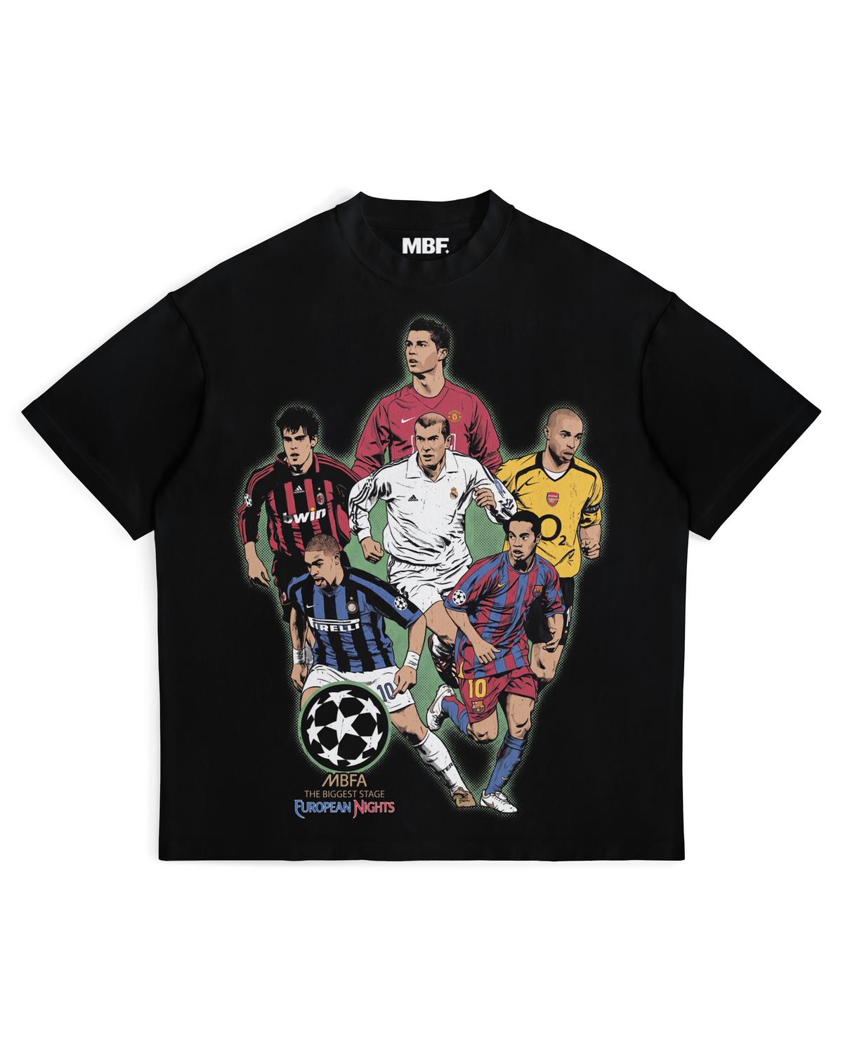 Front of black UCL Royalty T-shirt with football player collage by MADEBYFUTBOL