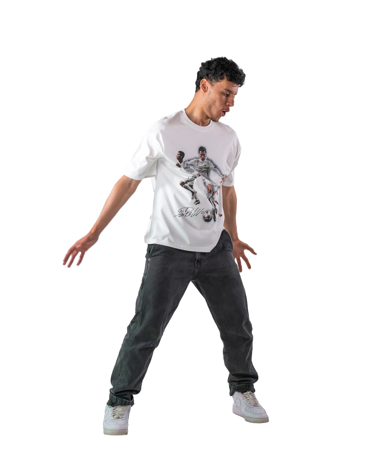 Model wearing white Cristiano Ronaldo CR7 Signature T-shirt by MADEBYFUTBOL