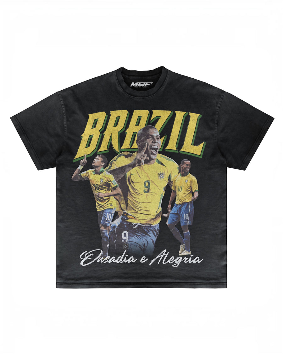 Front of black Brazil football graphic T-shirt by MADEBYFUTBOL