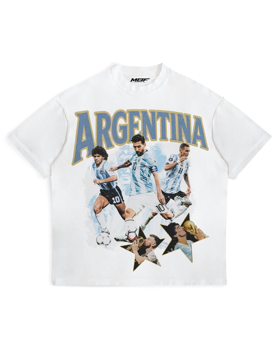 Front of white Argentina football graphic T-shirt by MADEBYFUTBOL