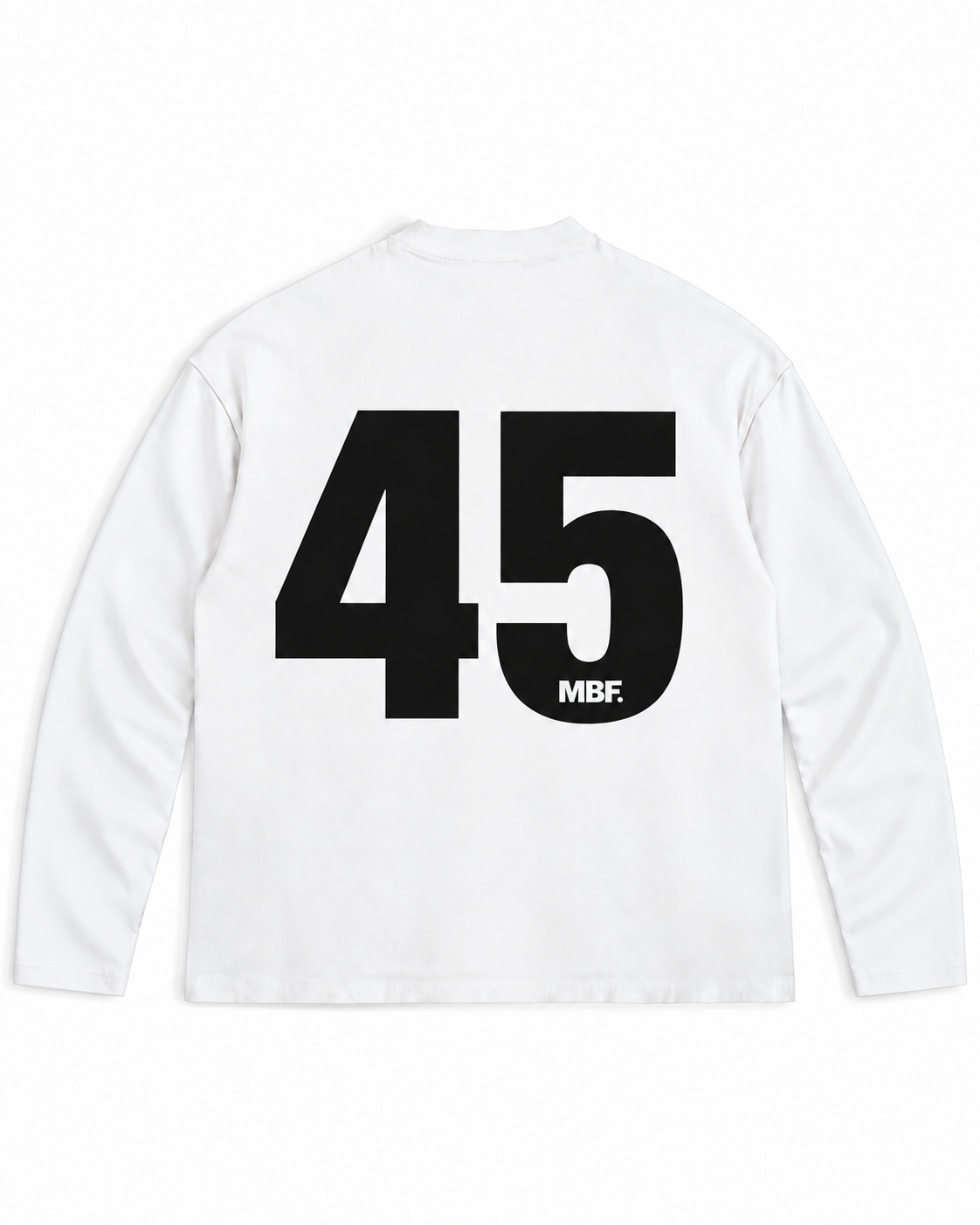 Back of white Why Always Me long-sleeve shirt with black number 45 by MADEBYFUTBOL