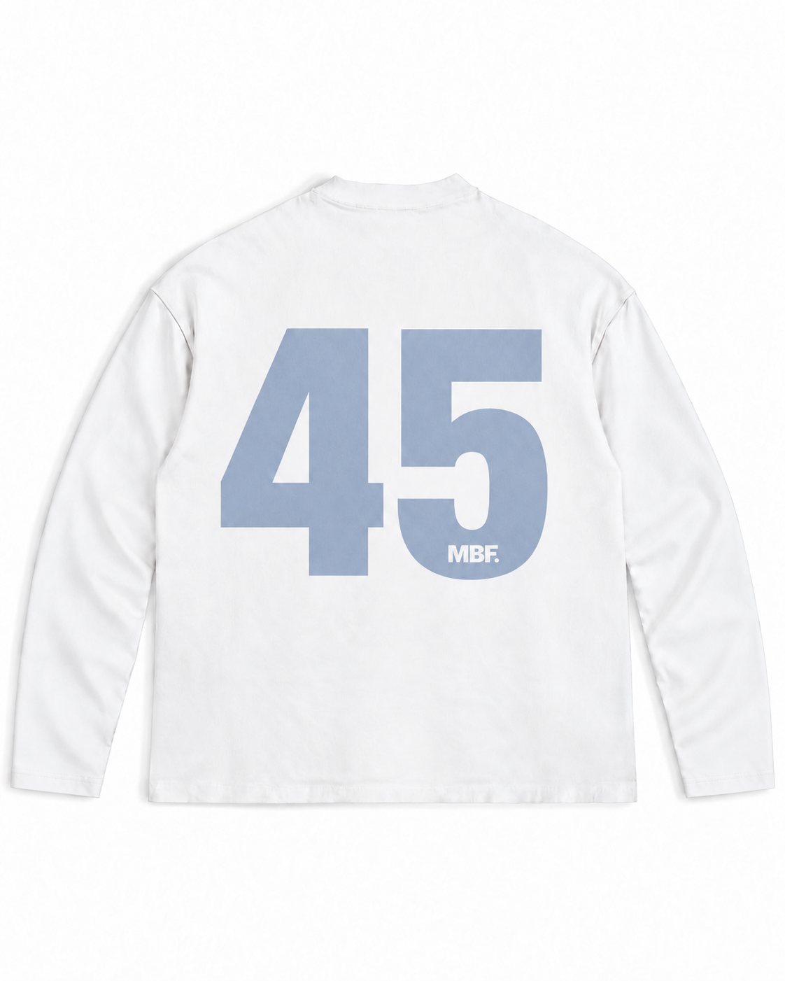 Back of white Why Always Me long-sleeve shirt with light blue number 45 by MADEBYFUTBOL