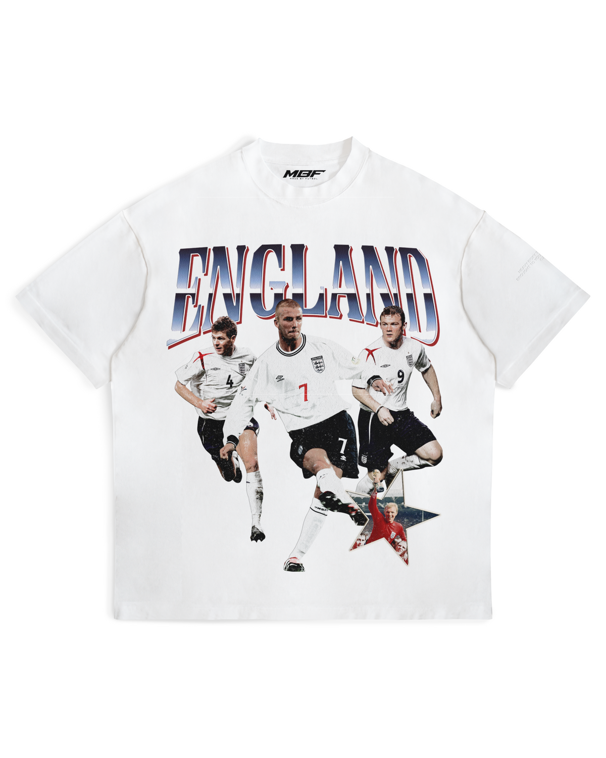 Front of white England football graphic T-shirt by MADEBYFUTBOL