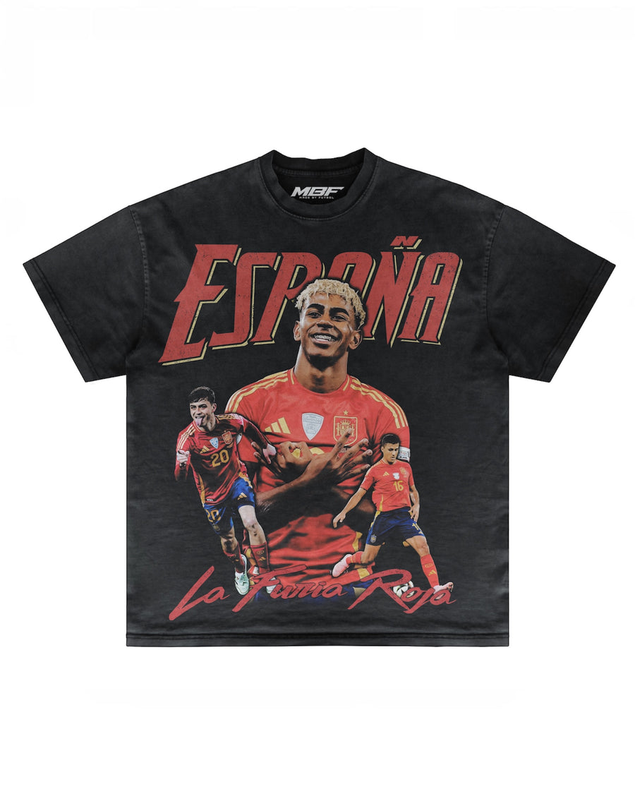 Front of dark Spain football graphic T-shirt by MADEBYFUTBOL