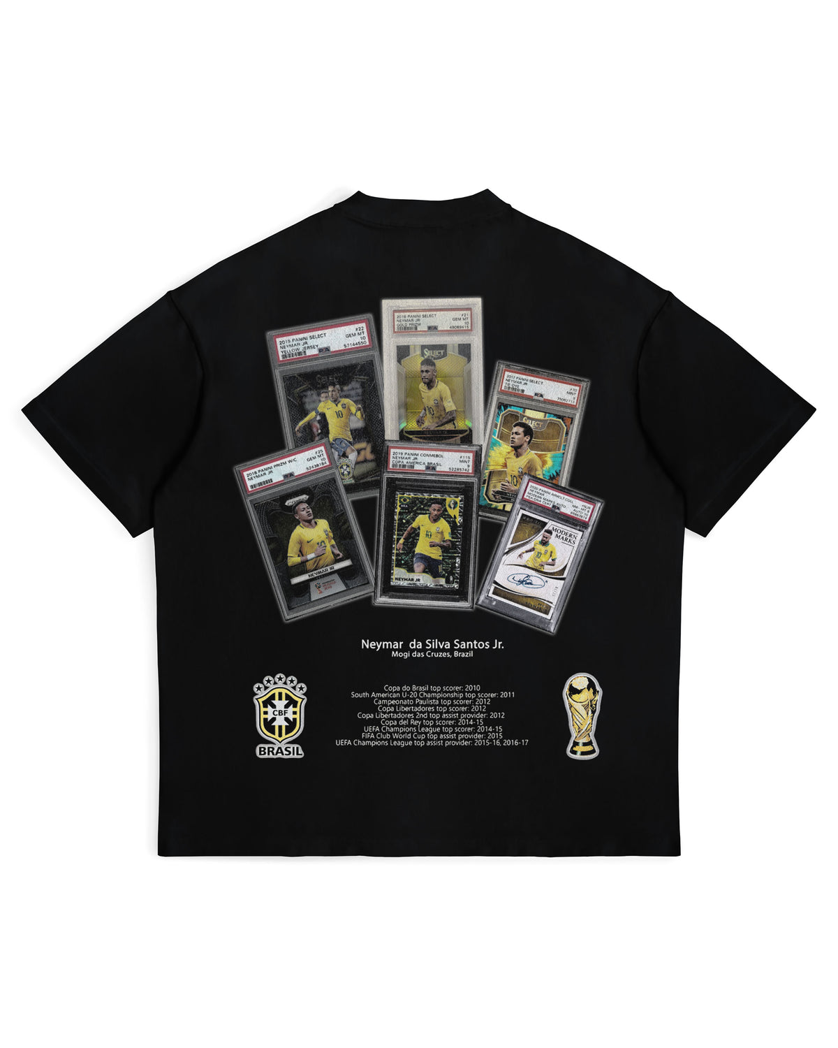 Back of black Neymar Brazil T-shirt with photo collage by MADEBYFUTBOL