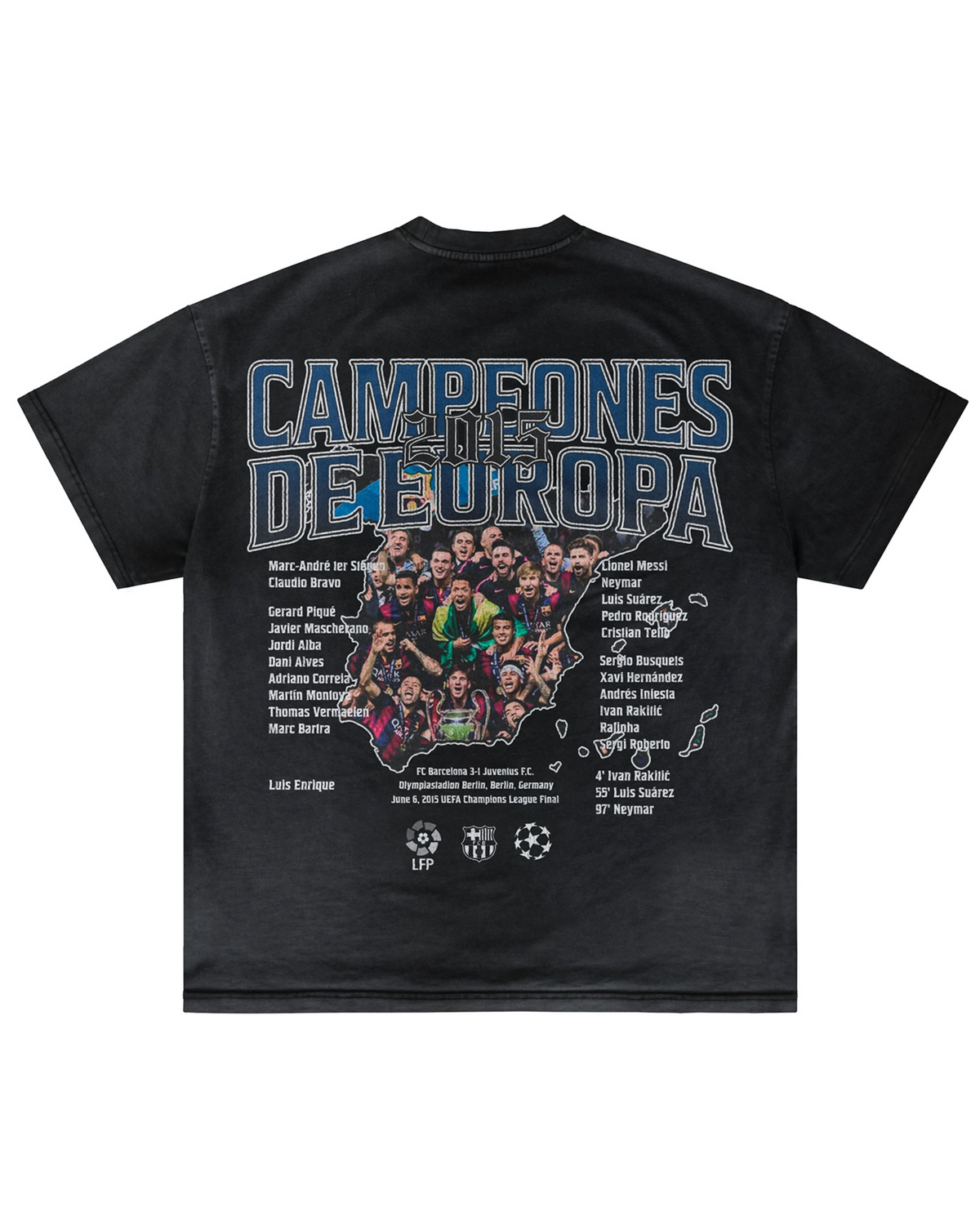Back of dark Messi Treble Szn T-shirt with championship graphic by MADEBYFUTBOL