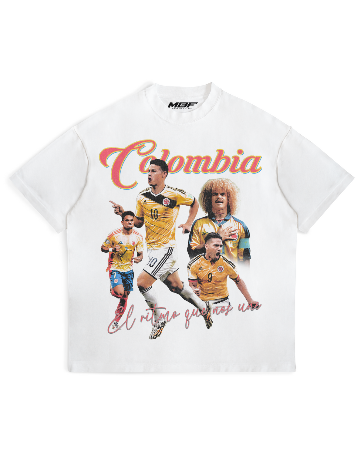 Front of white Colombia football graphic T-shirt by MADEBYFUTBOL