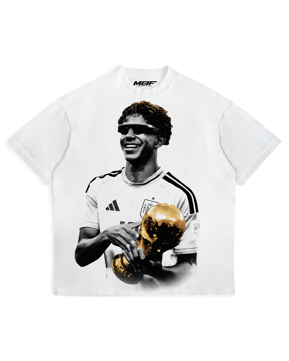 Front of white Lamine Yamal portrait T-shirt by MADEBYFUTBOL