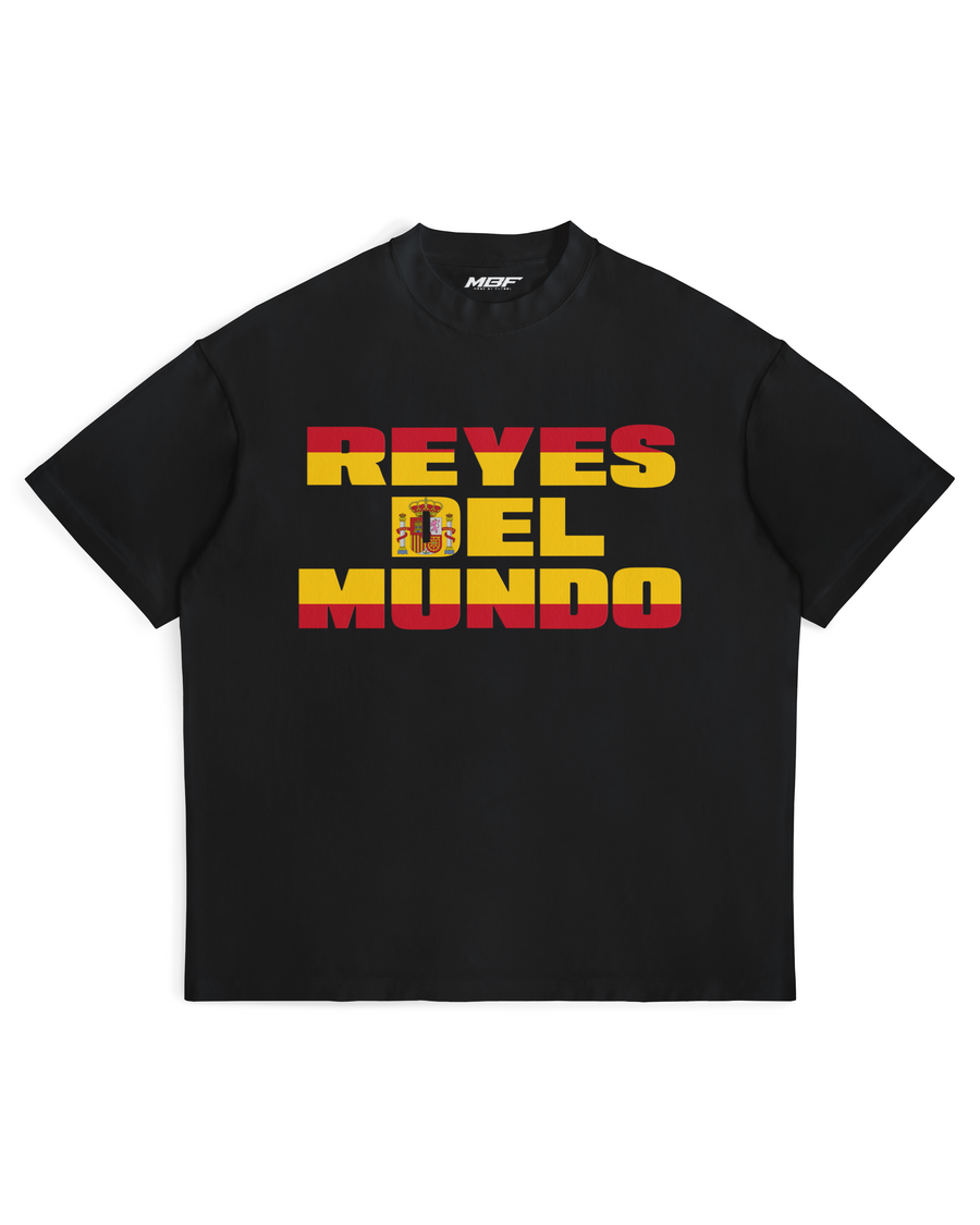 Black Kings of the World Spain T-shirt with red and yellow lettering by MADEBYFUTBOL