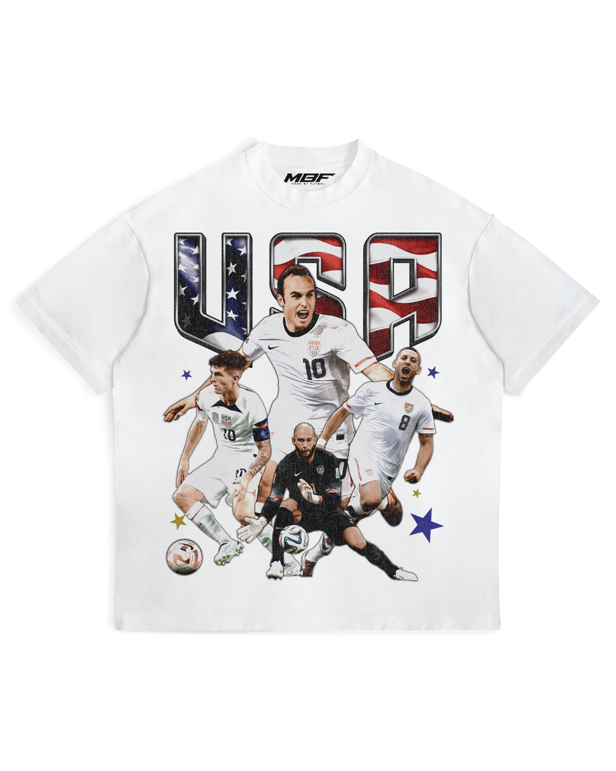 Front of white USA football graphic T-shirt by MADEBYFUTBOL