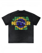 Back of black Brazil T-shirt with green and yellow lettering by MADEBYFUTBOL