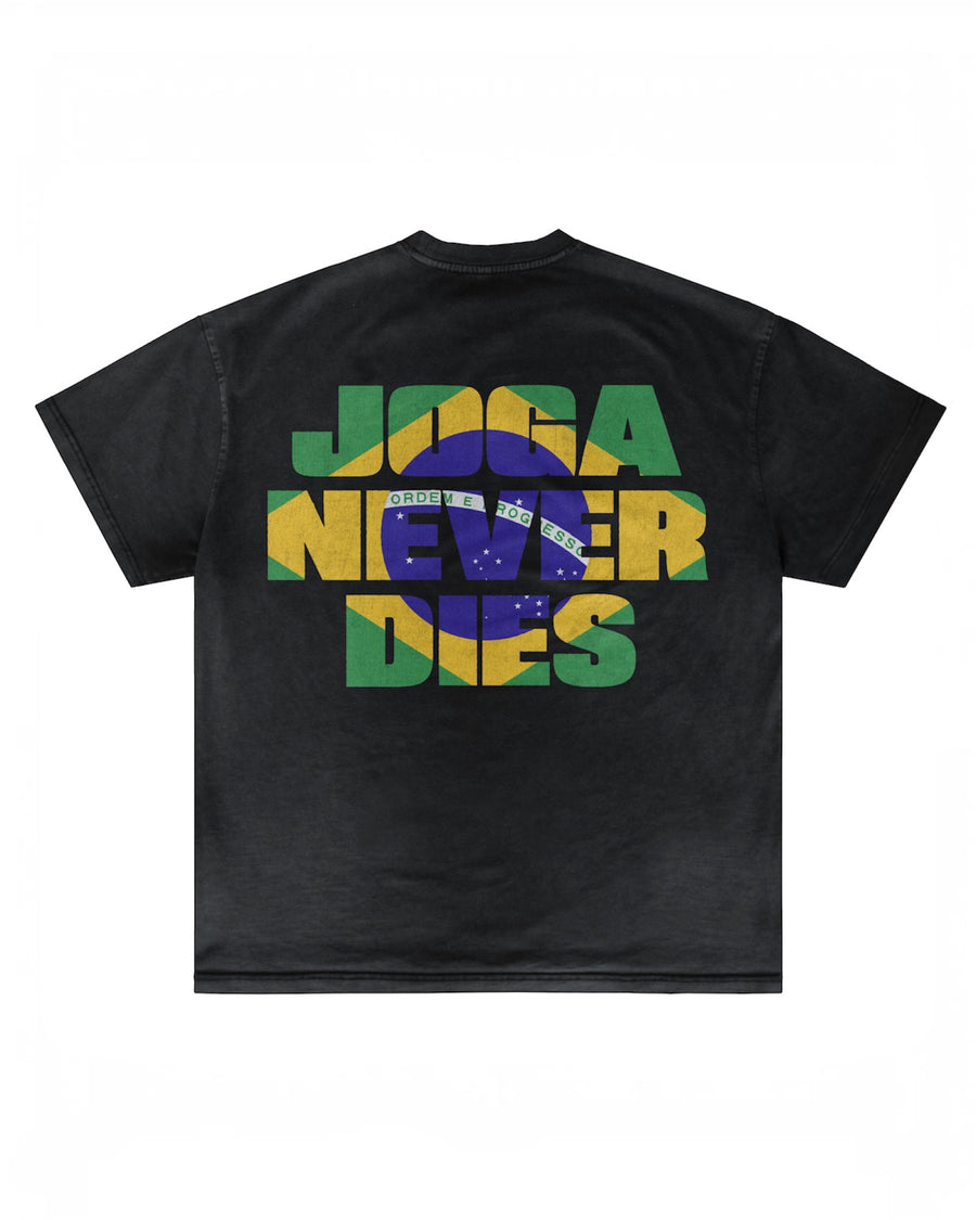Back of black Brazil T-shirt with green and yellow lettering by MADEBYFUTBOL