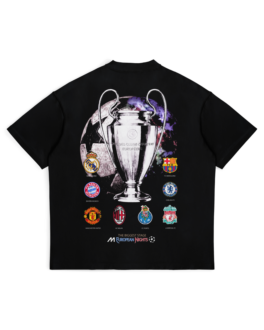 Back of black UCL Royalty T-shirt with trophy graphic by MADEBYFUTBOL