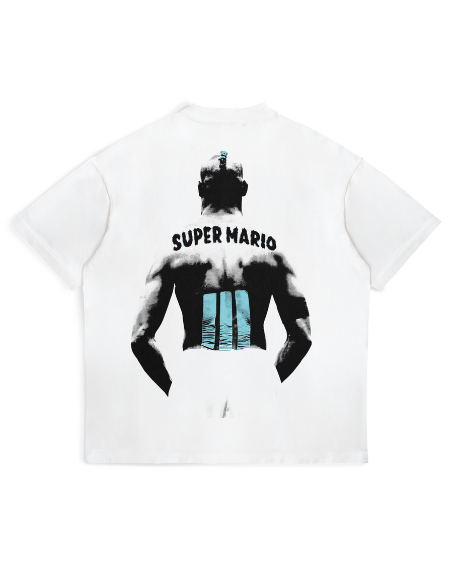 Back of white Mario Balotelli T-shirt with Super Mario graphic by MADEBYFUTBOL