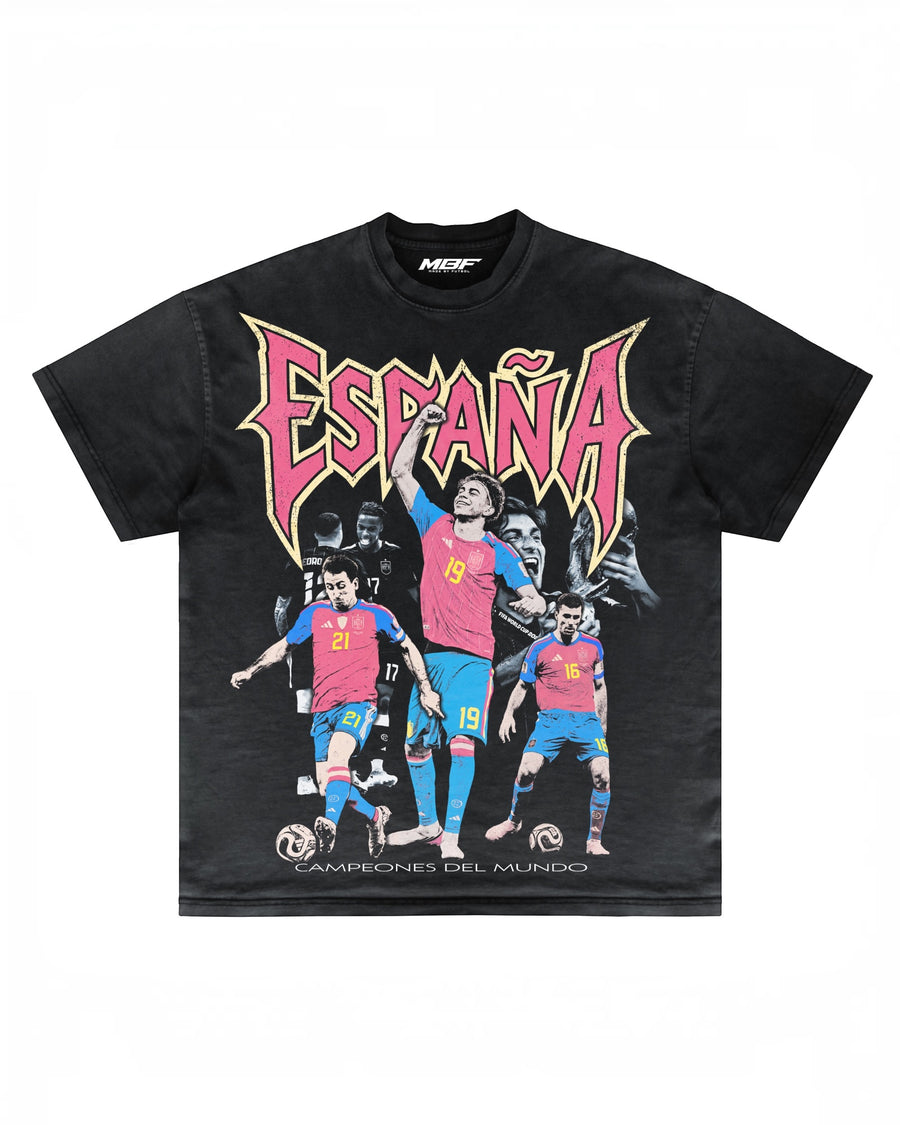 Front of black Espana 26 T-shirt with player collage by MADEBYFUTBOL