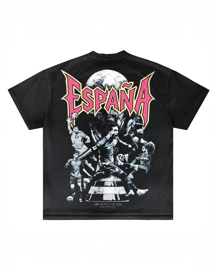 Back of black Espana 26 T-shirt with Spain team graphic by MADEBYFUTBOL