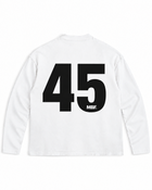 Back of white Why Always Me long-sleeve shirt with black number 45 by MADEBYFUTBOL