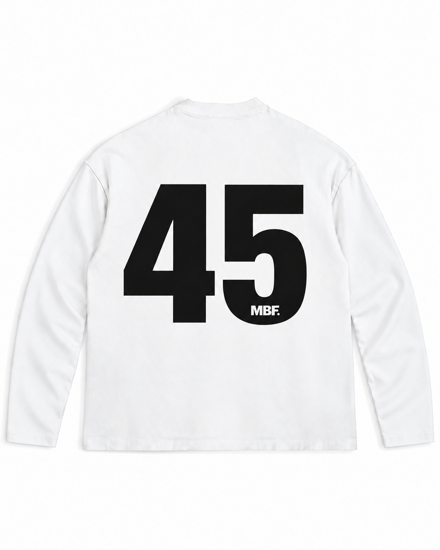 Back of white Why Always Me long-sleeve shirt with black number 45 by MADEBYFUTBOL