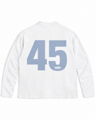 Back of white Why Always Me long-sleeve shirt with light blue number 45 by MADEBYFUTBOL