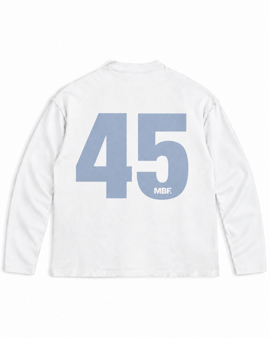 Back of white Why Always Me long-sleeve shirt with light blue number 45 by MADEBYFUTBOL