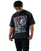 Model wearing dark Messi Treble Szn T-shirt, front view by MADEBYFUTBOL