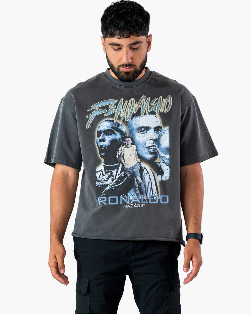 Model wearing dark R9 Ronaldo Signature T-shirt, front view by MADEBYFUTBOL