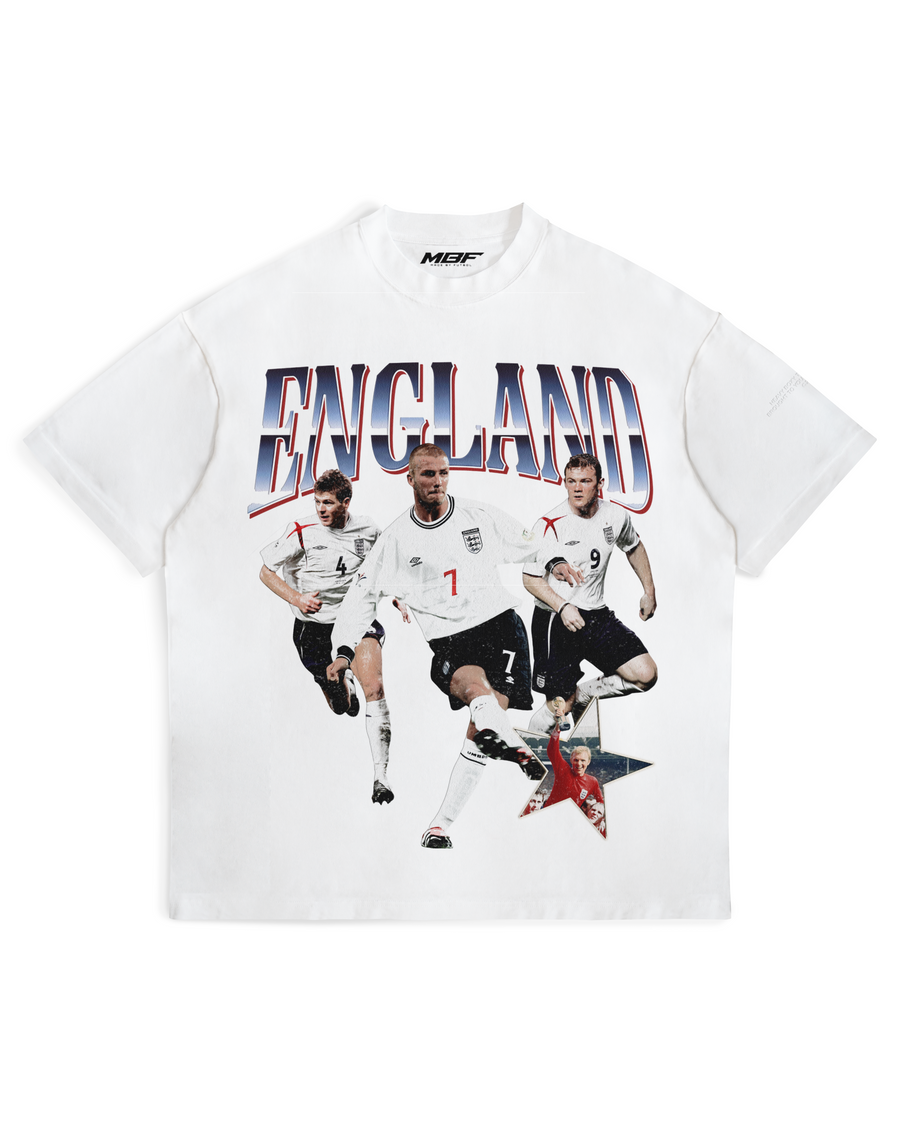 Front of white England football graphic T-shirt by MADEBYFUTBOL