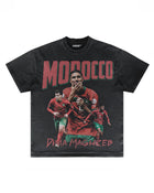 Front of dark Morocco football graphic T-shirt by MADEBYFUTBOL
