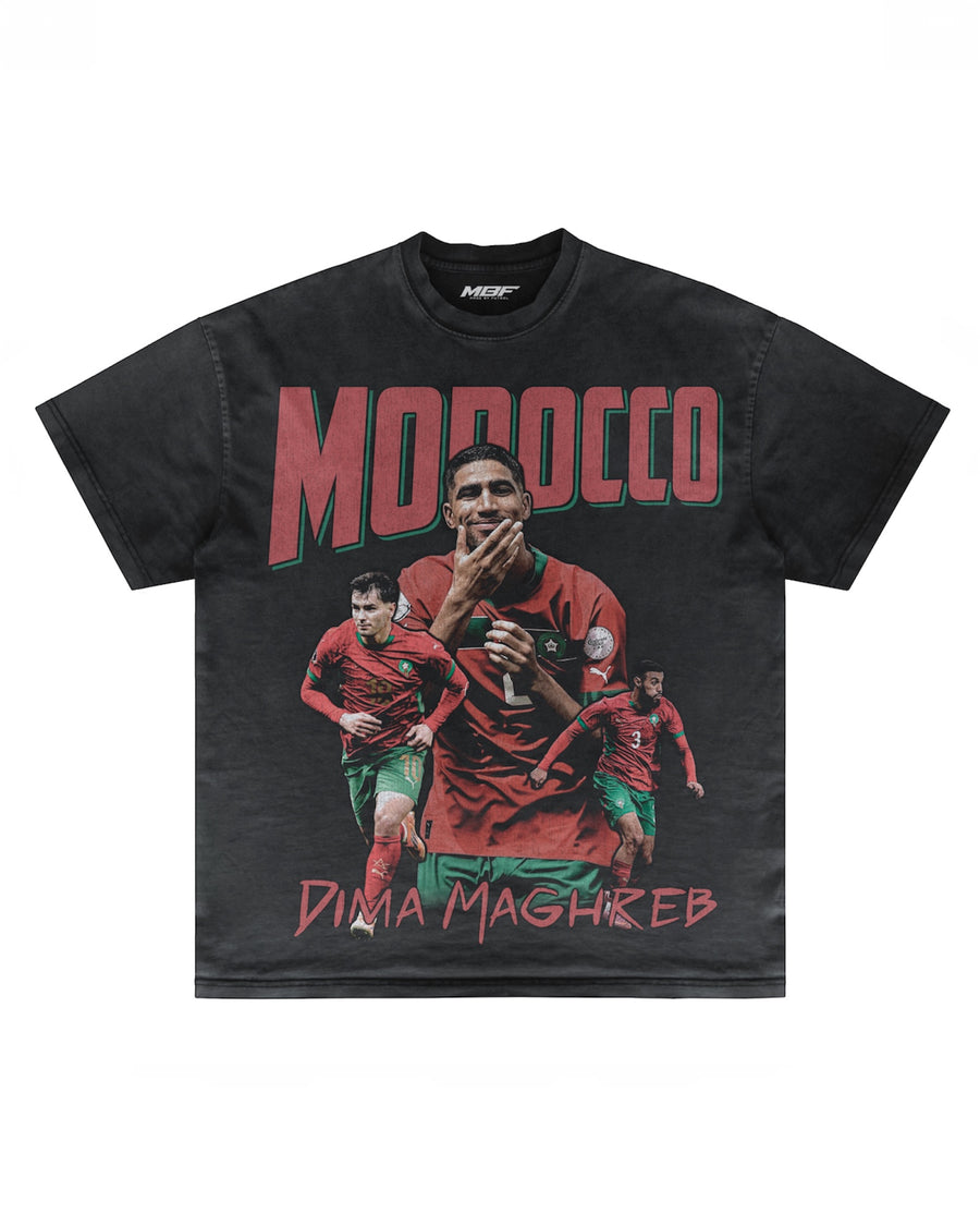 Front of dark Morocco football graphic T-shirt by MADEBYFUTBOL