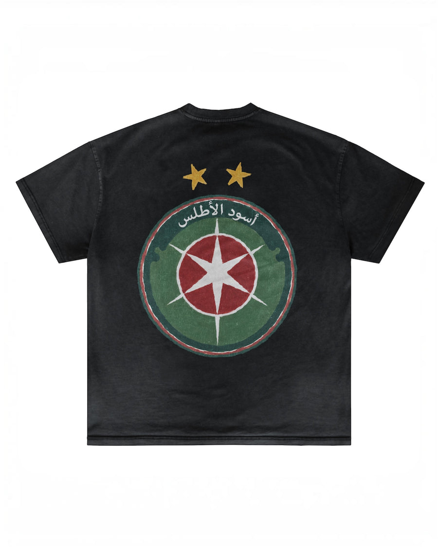 Back of dark Morocco T-shirt with circular star graphic by MADEBYFUTBOL