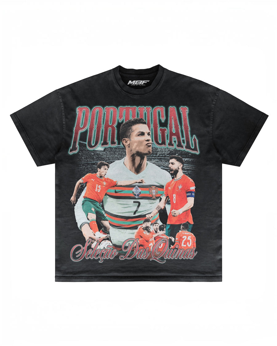 Front of dark Portugal football graphic T-shirt by MADEBYFUTBOL