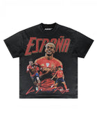 Front of dark Spain football graphic T-shirt by MADEBYFUTBOL