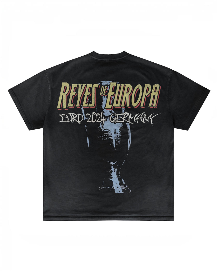 Back of dark Spain T-shirt with Reyes de Europa lettering by MADEBYFUTBOL