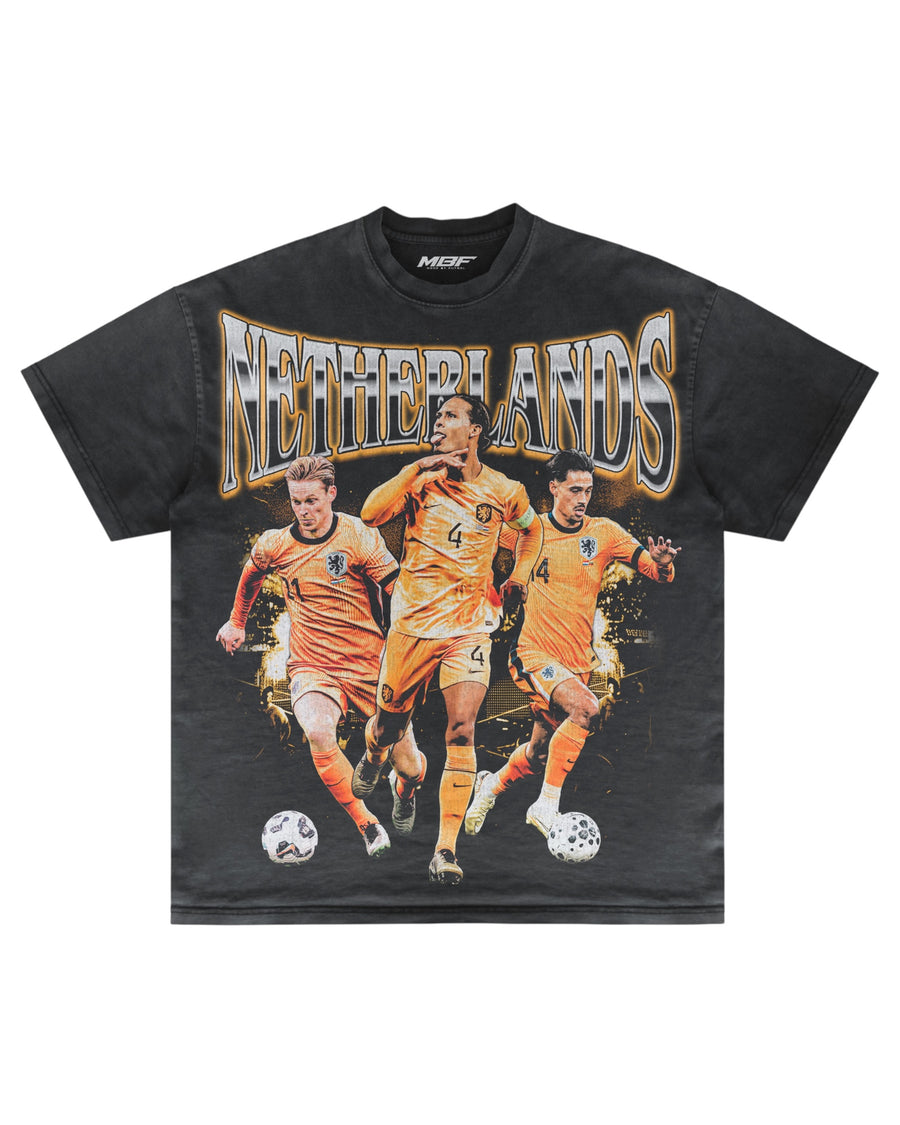 Front of dark Netherlands football graphic T-shirt by MADEBYFUTBOL