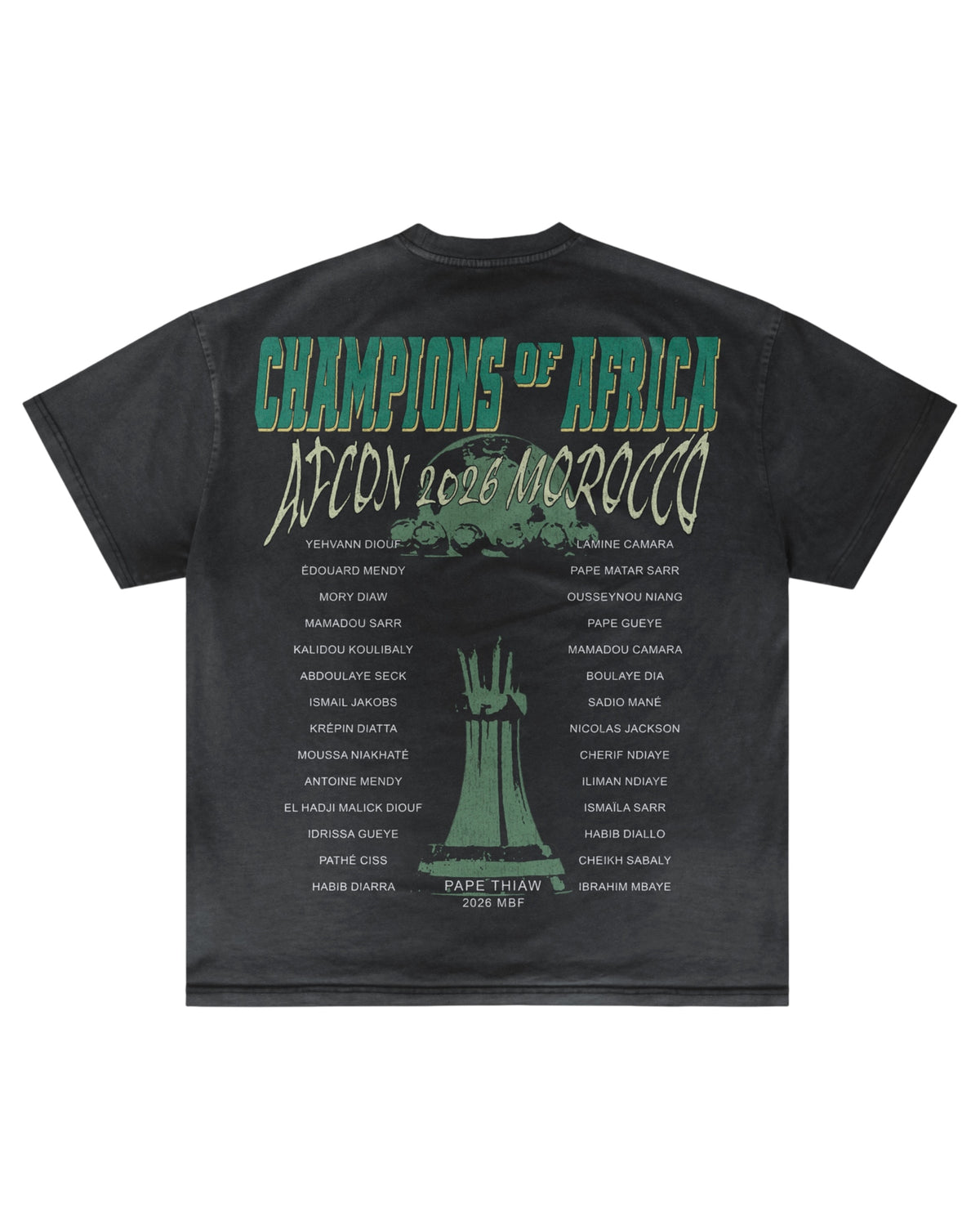 Back of black Senegal AFCON T-shirt with green tournament graphic by MADEBYFUTBOL