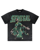 Black Senegal AFCON T-shirt with green player collage on the front by MADEBYFUTBOL