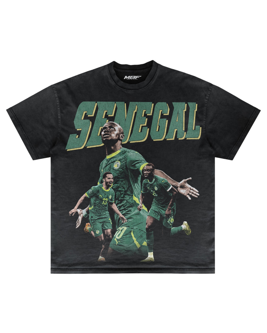 Black Senegal AFCON T-shirt with green player collage on the front by MADEBYFUTBOL
