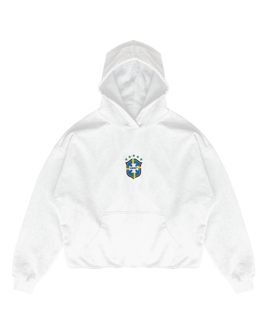 White Brazil hoodie with chest crest by MADEBYFUTBOL