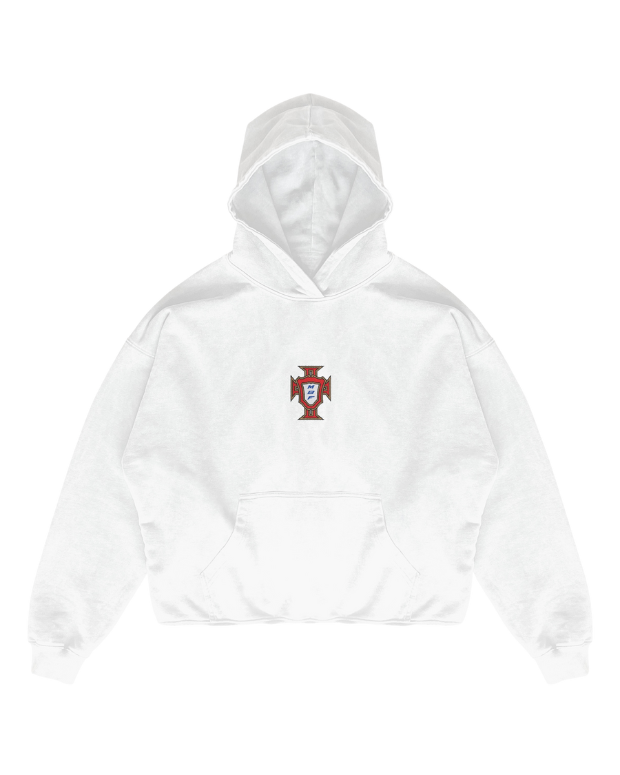 White Portugal hoodie with chest crest by MADEBYFUTBOL