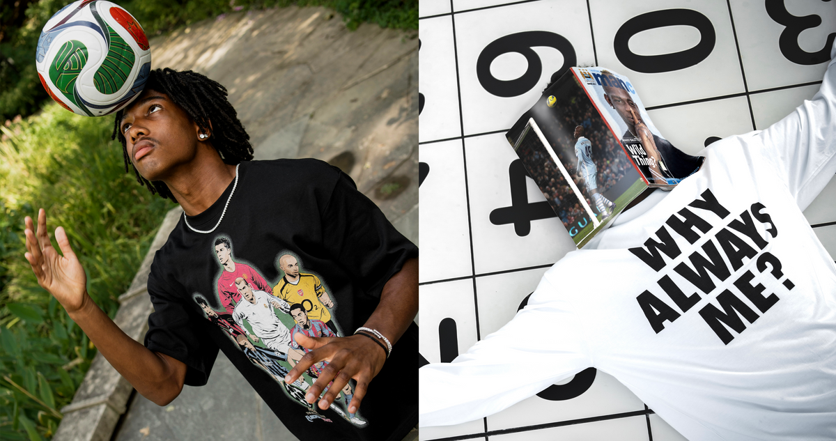 A split-screen lifestyle image showing a young man balancing a soccer ball on his head while wearing a black graphic t-shirt, and a person lying on their back wearing a white long-sleeve shirt with the text 'WHY ALWAYS ME?' printed in black, with a soccer ball on their head against a black-and-white grid background.