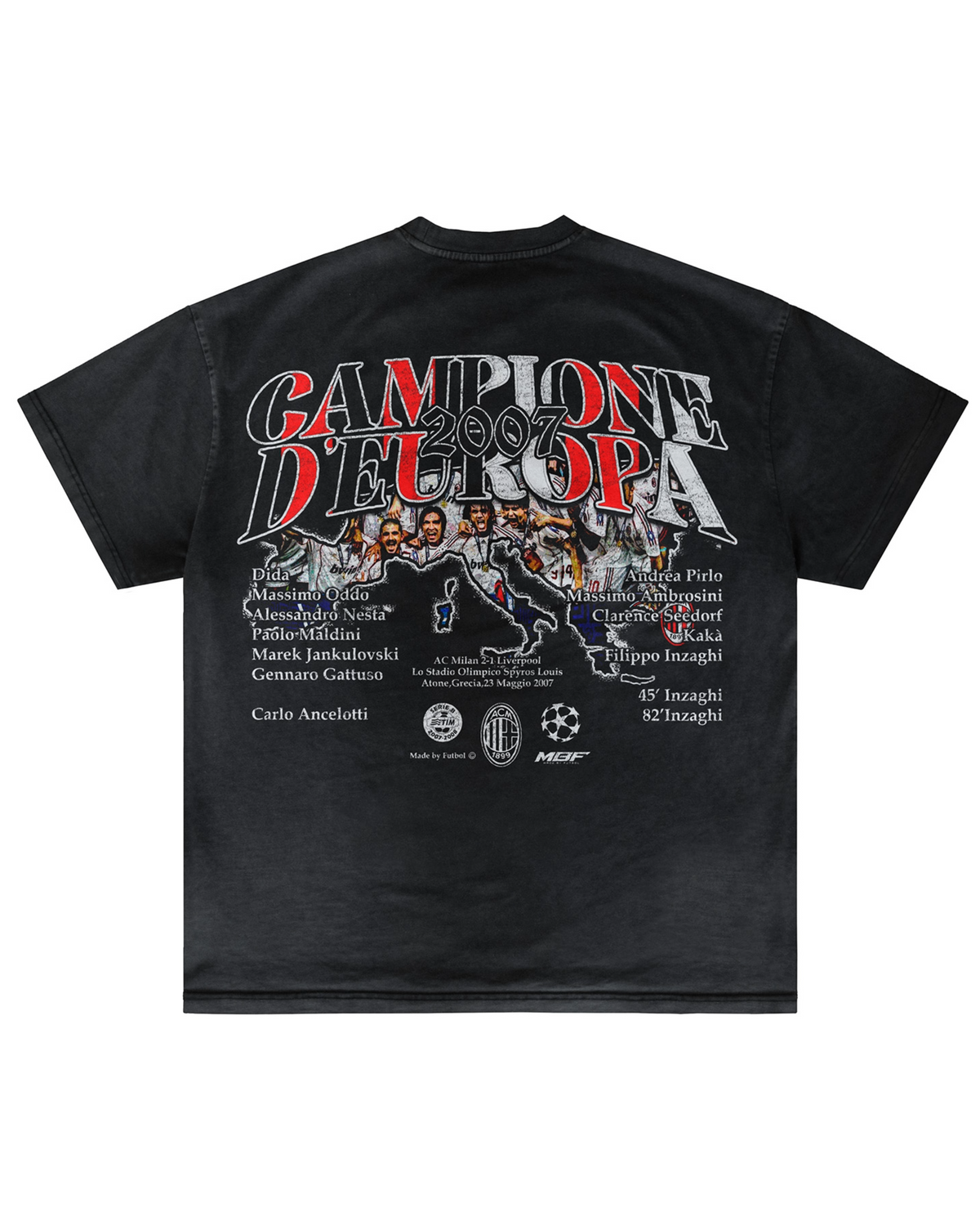 Back of dark Kaka Milan T-shirt with championship graphic by MADEBYFUTBOL