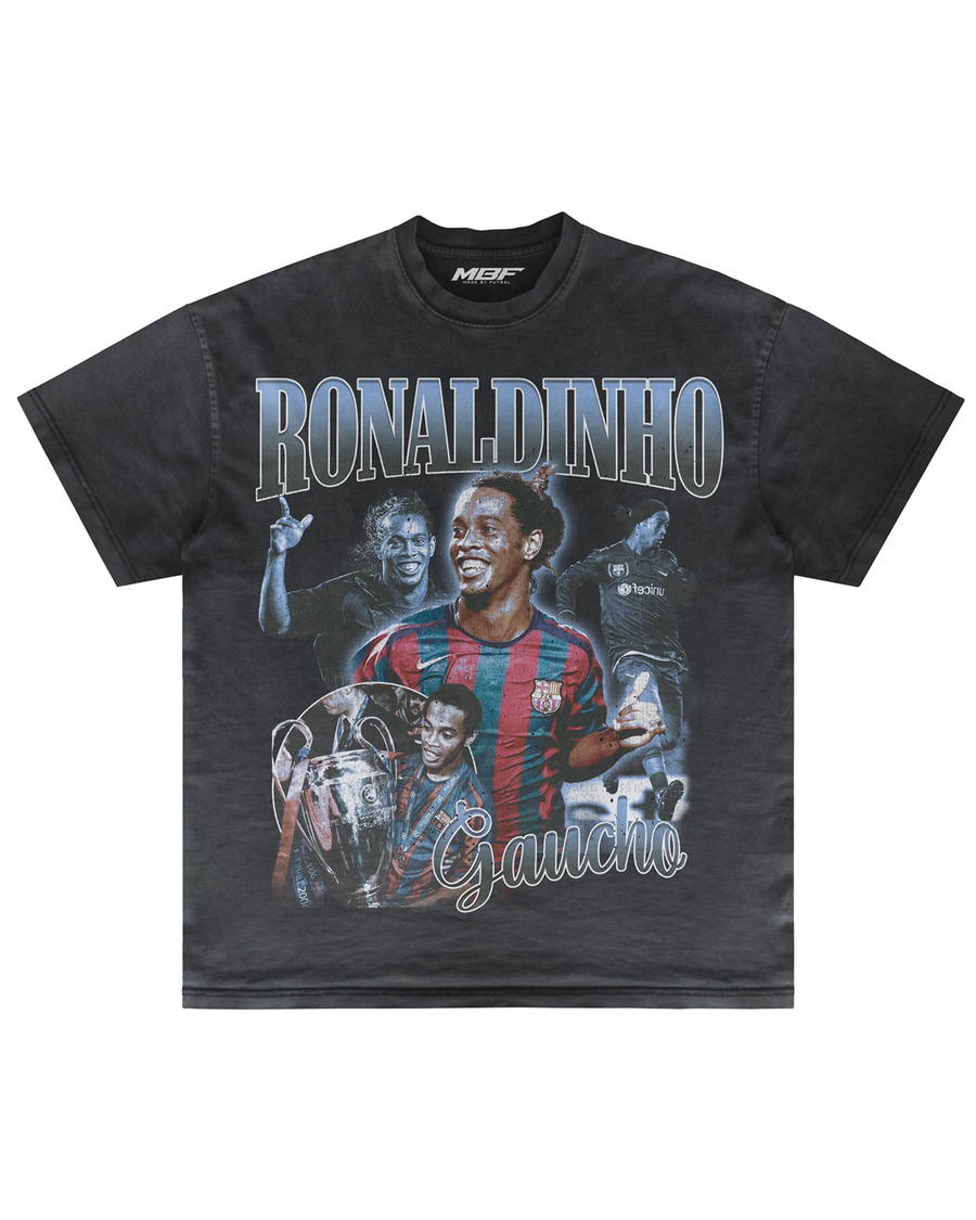 Front of dark Ronaldinho graphic T-shirt by MADEBYFUTBOL