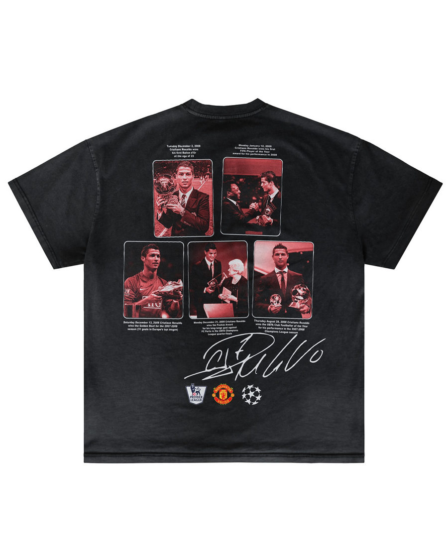 Back of dark Cristiano Ronaldo 08 T-shirt with red photo collage by MADEBYFUTBOL
