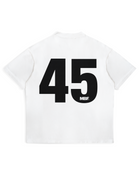 Back of white Why Always Me T-shirt with black number 45 by MADEBYFUTBOL