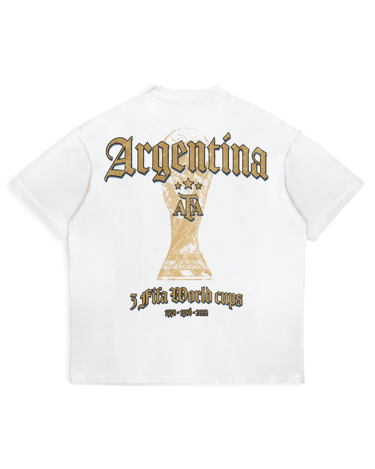Back of white Argentina T-shirt with gold lettering by MADEBYFUTBOL