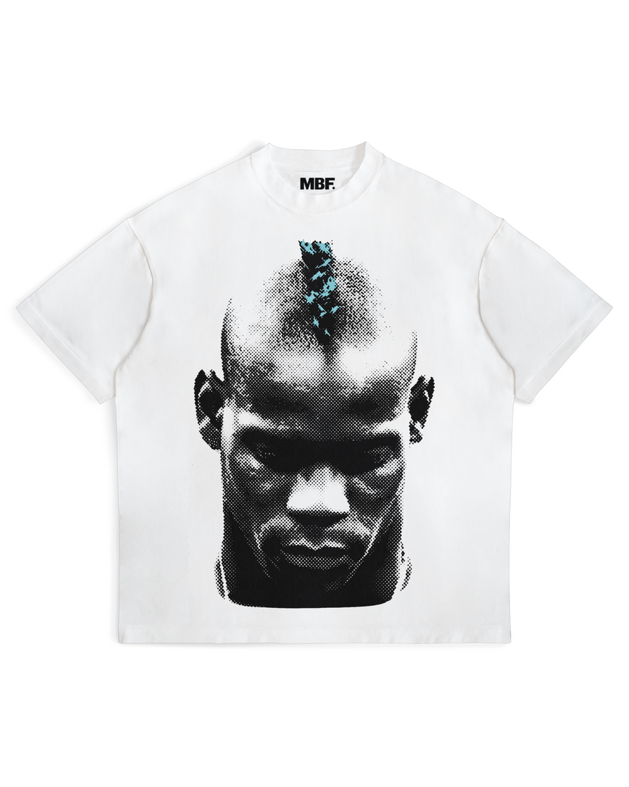 Front of white Mario Balotelli portrait T-shirt by MADEBYFUTBOL