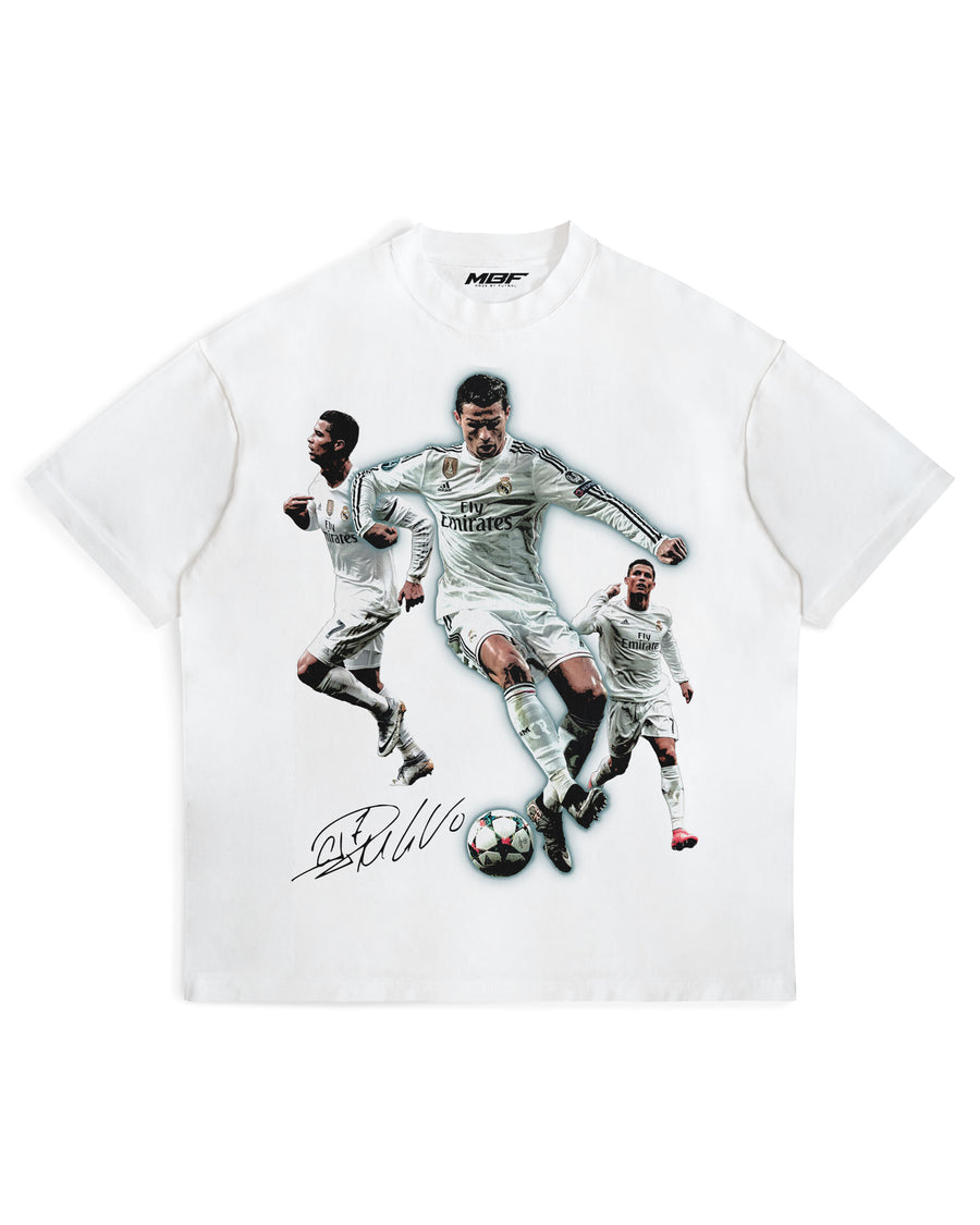 Front of white Cristiano Ronaldo CR7 Signature graphic T-shirt by MADEBYFUTBOL