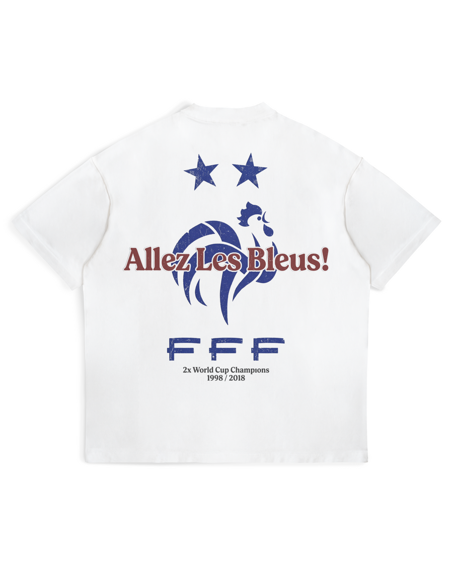 Back of white France T-shirt with blue rooster graphic by MADEBYFUTBOL