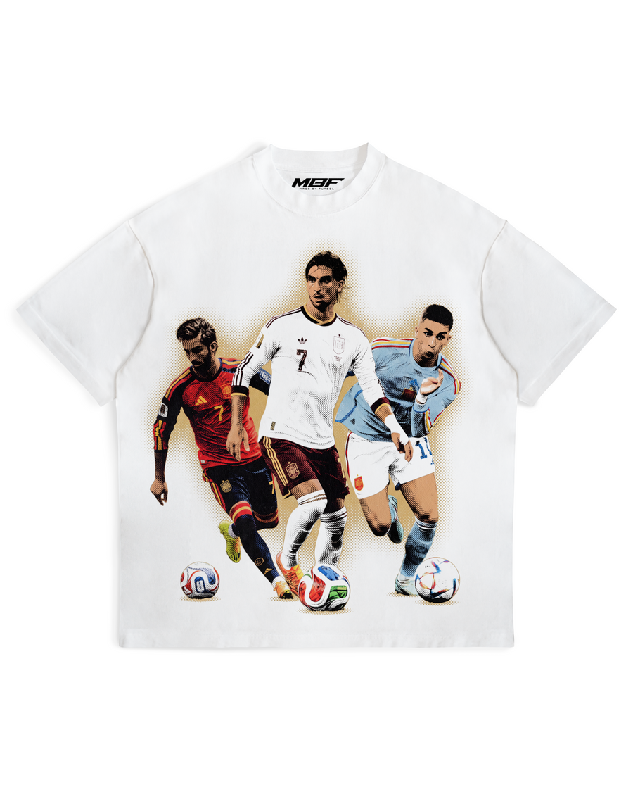Front of white Ferran Torres graphic T-shirt by MADEBYFUTBOL